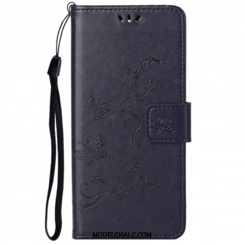 Flip Cover Motorola Edge 20 Pro Med Snor Sommerfugle Og Blomsterrem