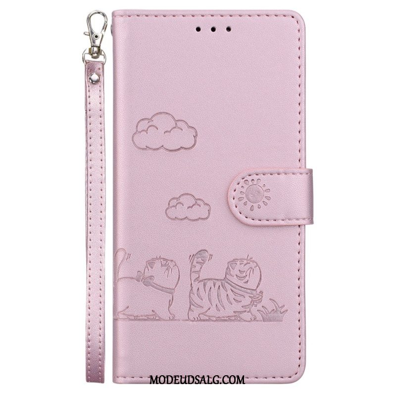 Læder Cover Motorola Edge 50 Neo Telefon Etui Rfid Blocking Lanyard Cats