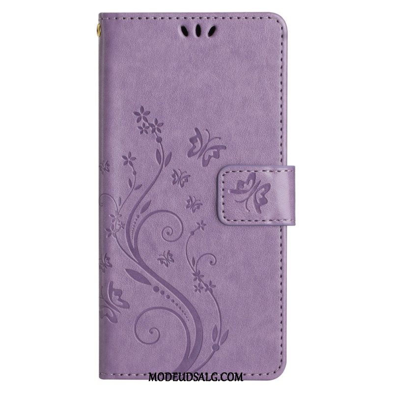Læder Cover Xiaomi Redmi Note 13 Pro Plus 5g Blomster Og Sommerfugle Med Snor