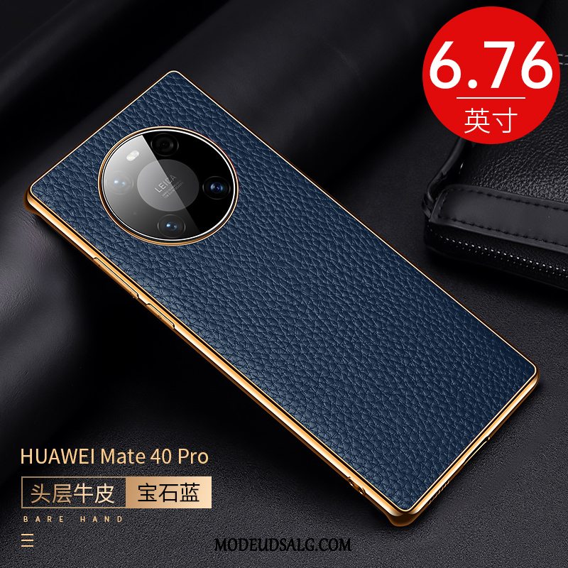 Huawei Mate 40 Pro Etui / Cover Blå Anti-fald Lædertaske Litchi Ægte Læder