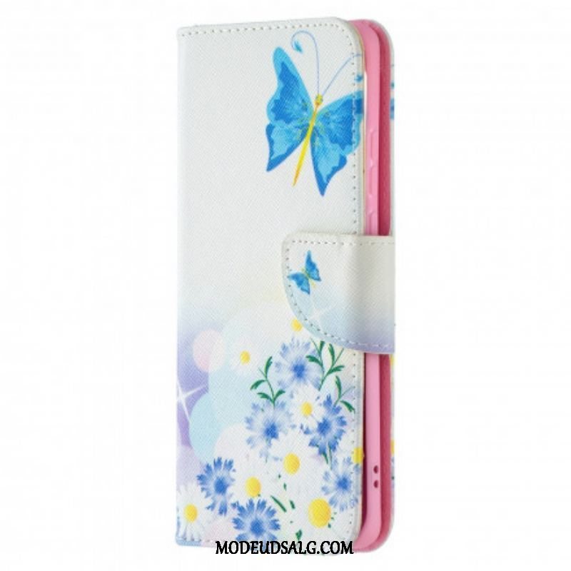 Læder Cover Huawei P50 Pro Malede Sommerfugle Og Blomster