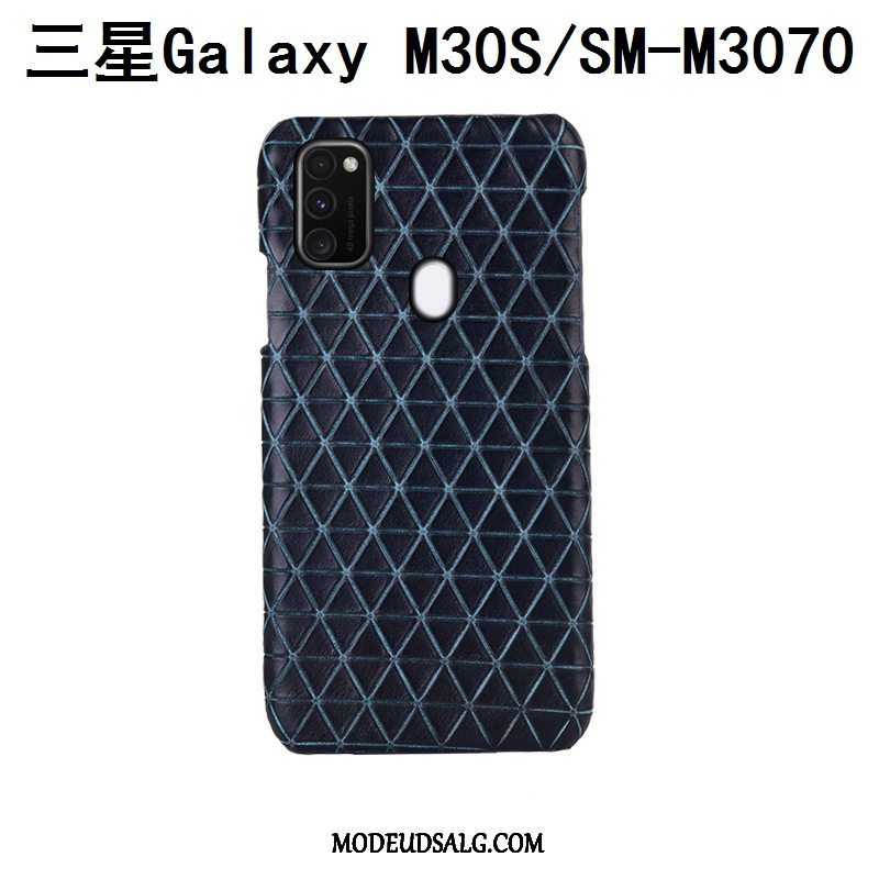 Samsung Galaxy M30s Etui Ægte Læder Luksus Ternede Blå Cover